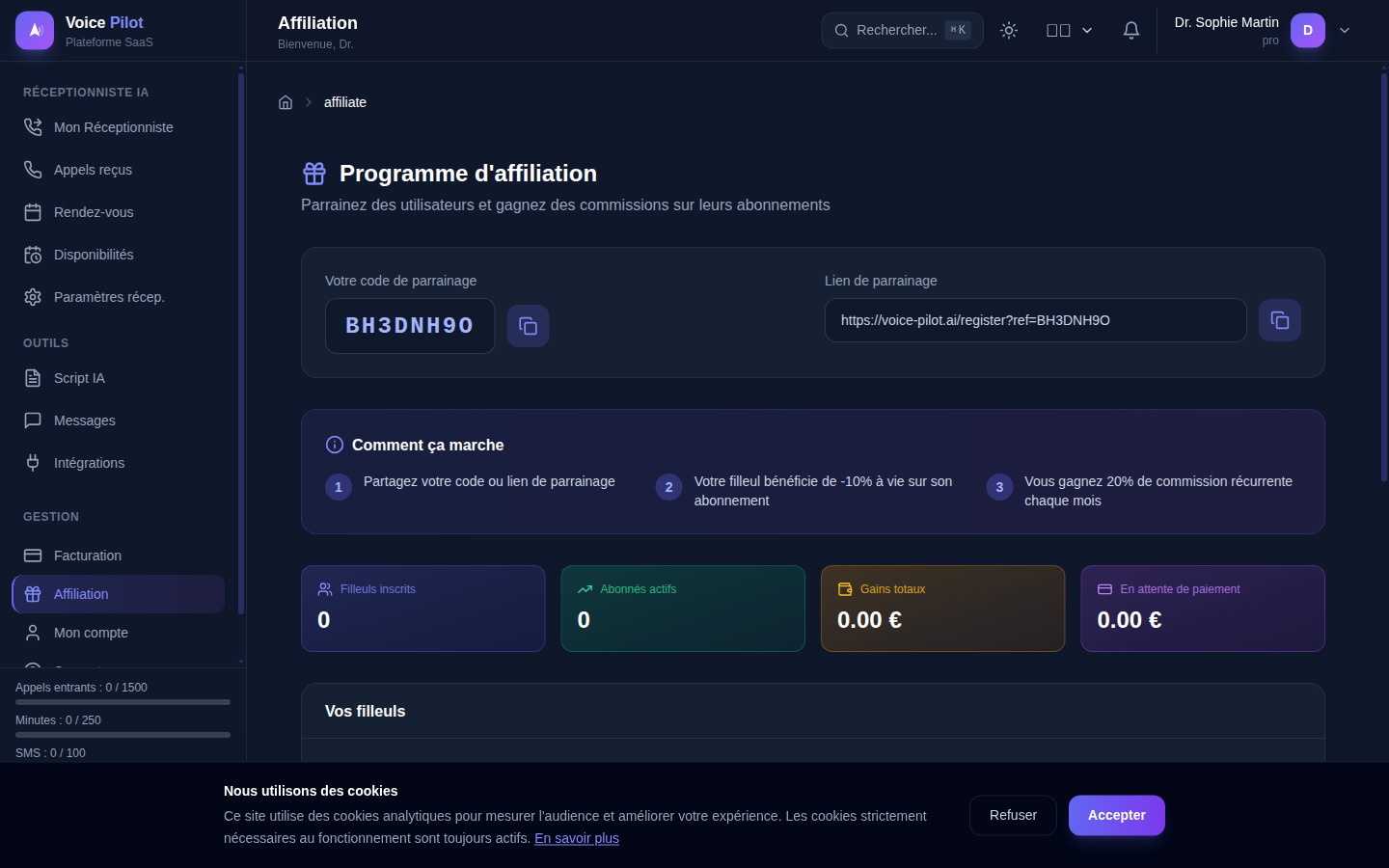 Dashboard du programme d'affiliation
