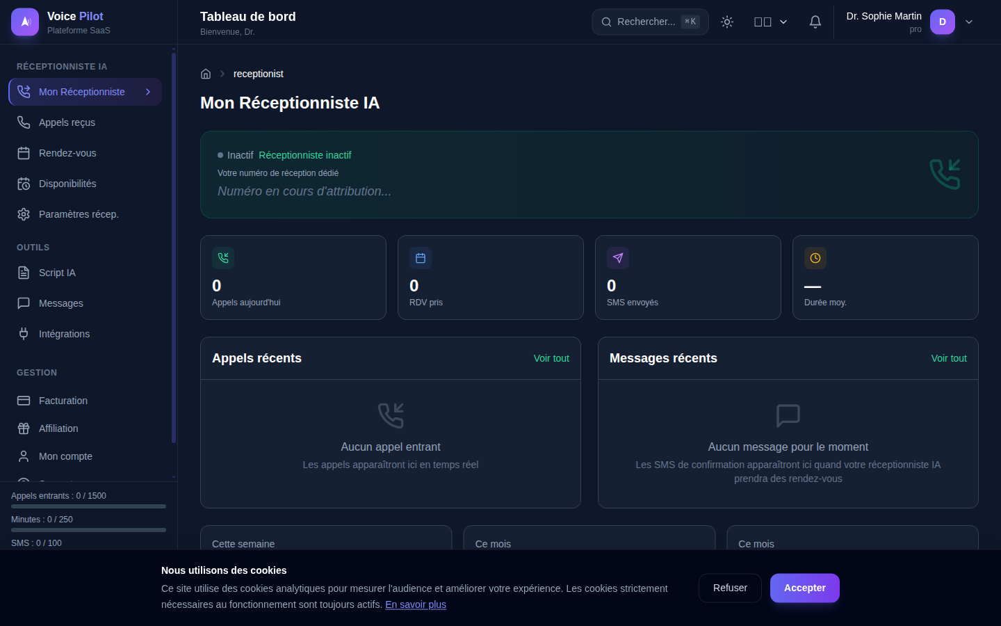 Dashboard du receptionniste IA Voice Pilot